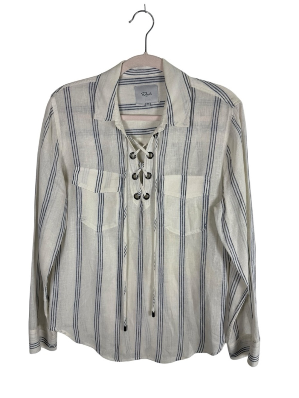 Rails Linen Blend Matea Lace Up Shirt Blue White Flamenco Stripe Coastal Sz M - Picture 2 of 5